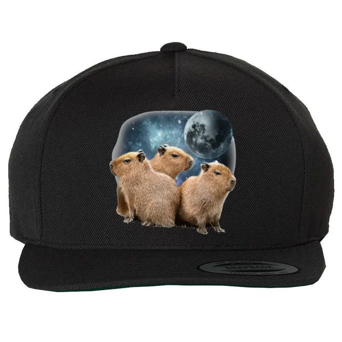 Three Capybaras And Moon Funny Capybara Humor Parody Wool Snapback Cap