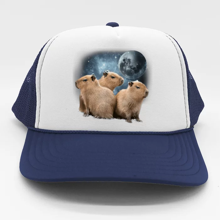 Three Capybaras And Moon Funny Capybara Humor Parody Trucker Hat