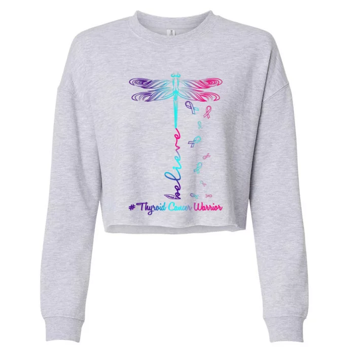 Thyroid Cancer Awareness Warrior Dragonfly Believe Hope Gift Cropped Pullover Crew