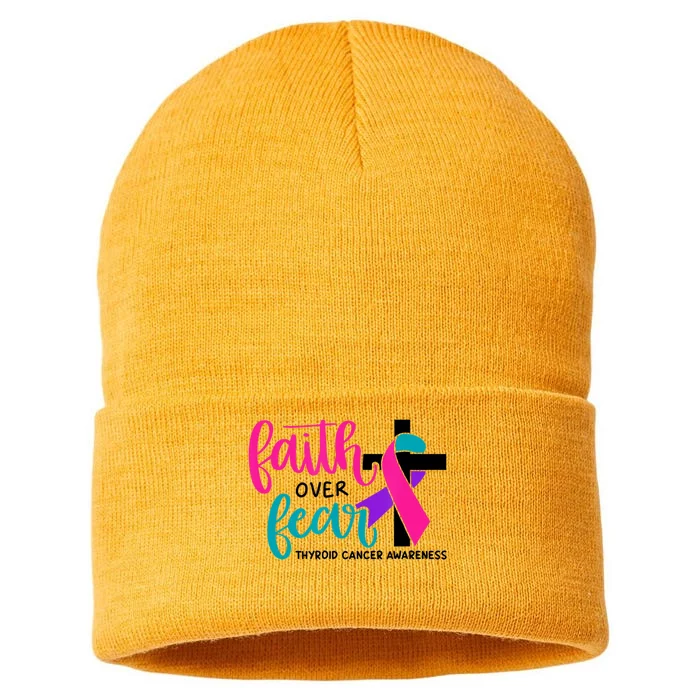 Thyroid Cancer Awareness Ribbon Faith Over Fear Christian Sustainable Knit Beanie