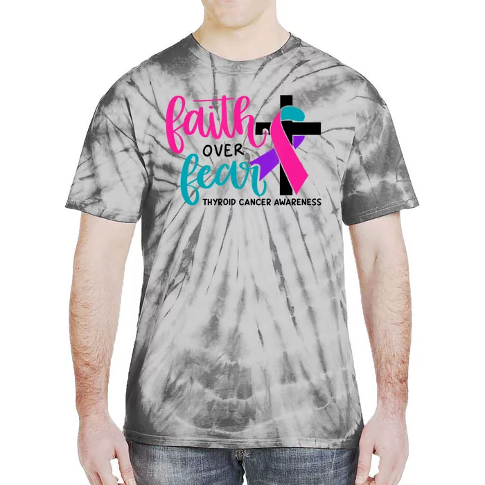 Thyroid Cancer Awareness Ribbon Faith Over Fear Christian Tie-Dye T-Shirt