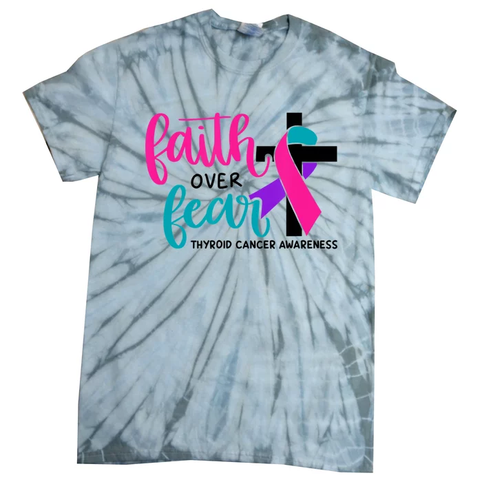 Thyroid Cancer Awareness Ribbon Faith Over Fear Christian Tie-Dye T-Shirt