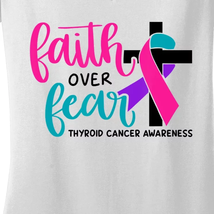 Thyroid Cancer Awareness Ribbon Faith Over Fear Christian Women's V-Neck T-Shirt