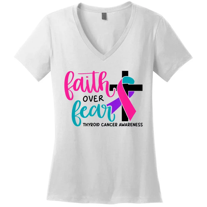 Thyroid Cancer Awareness Ribbon Faith Over Fear Christian Women's V-Neck T-Shirt