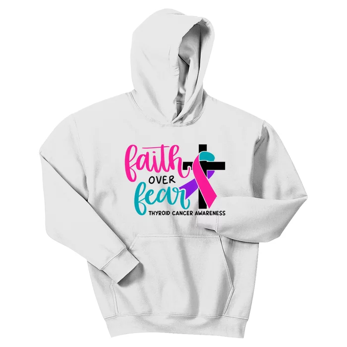 Thyroid Cancer Awareness Ribbon Faith Over Fear Christian Kids Hoodie