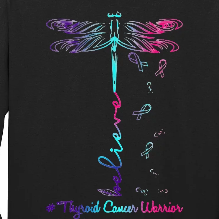 Thyroid Cancer Awareness Warrior Dragonfly Believe Hope Tall Long Sleeve T-Shirt