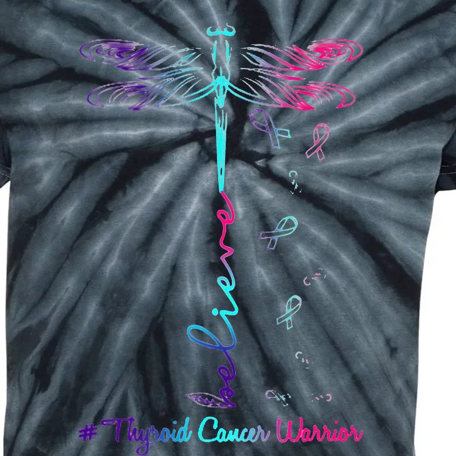 Thyroid Cancer Awareness Warrior Dragonfly Believe Hope Kids Tie-Dye T-Shirt