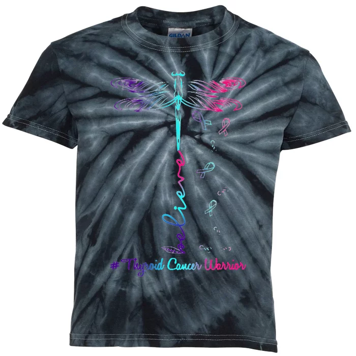 Thyroid Cancer Awareness Warrior Dragonfly Believe Hope Kids Tie-Dye T-Shirt