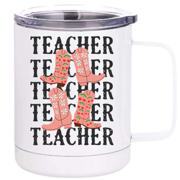 Teacher Cute Boho Cowgirl Boots Wild West Cowboy Rodeo Front & Back 12oz Stainless Steel Tumbler Cup