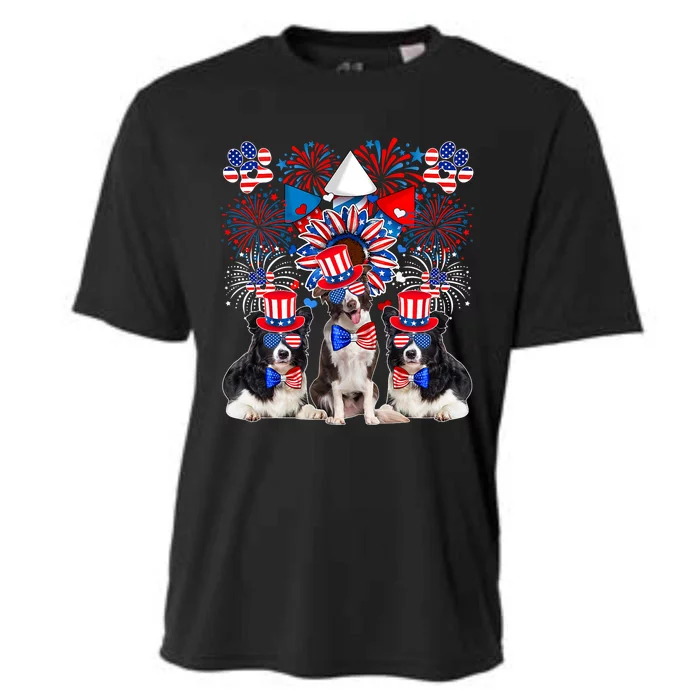 Three Cute Border Collies Sunglasses American Flag 4th July Cooling Performance Crew T-Shirt