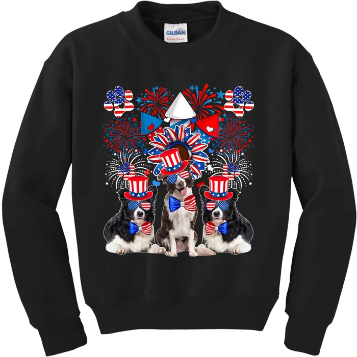 Three Cute Border Collies Sunglasses American Flag 4th July Kids Sweatshirt