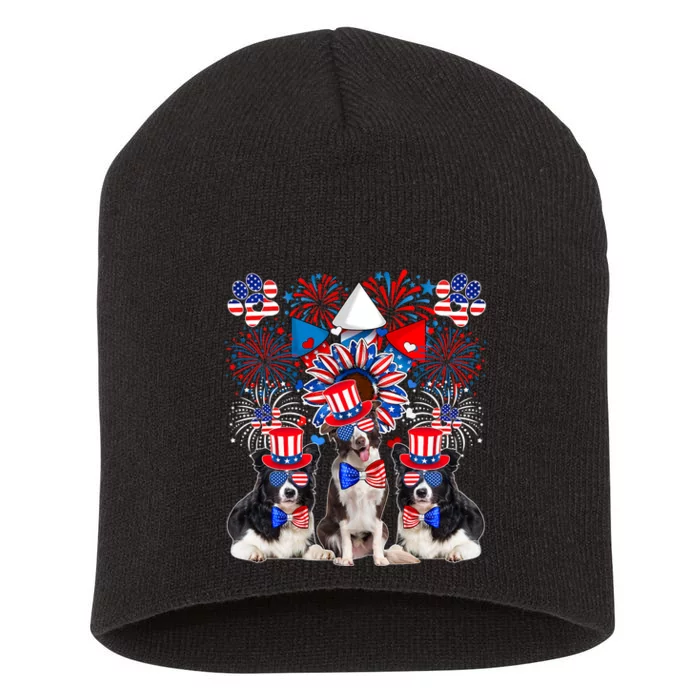 Three Cute Border Collies Sunglasses American Flag 4th July Short Acrylic Beanie