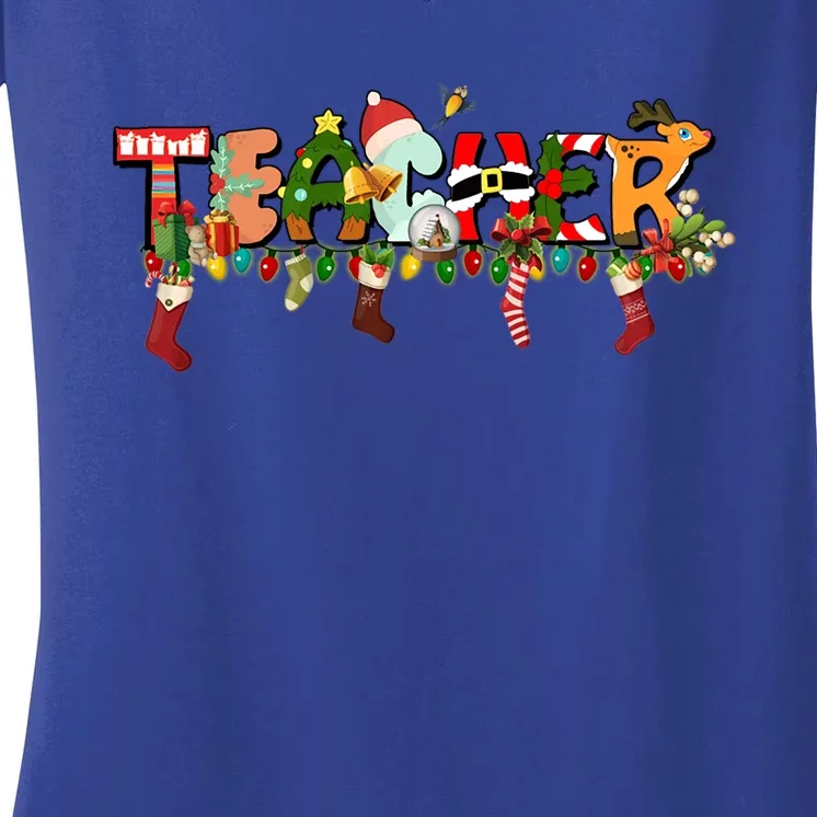 Teacher Christmas Books Santa Leopard Plaid Cakes Xmas Tree Gift Women's V-Neck T-Shirt