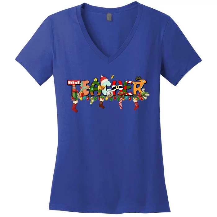 Teacher Christmas Books Santa Leopard Plaid Cakes Xmas Tree Gift Women's V-Neck T-Shirt