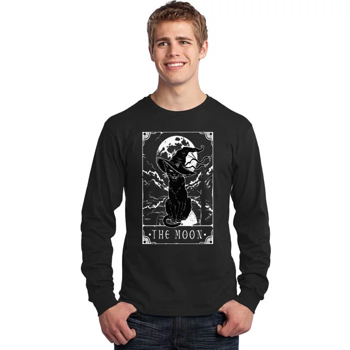 Tarot Card Crescent Moon And Black Cat Witch Hat Halloween Tall Long Sleeve T-Shirt