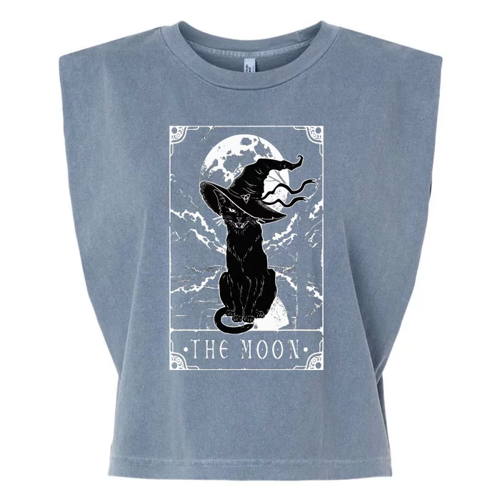 Tarot Card Crescent Moon And Black Cat Witch Hat Halloween Garment-Dyed Women's Muscle Tee