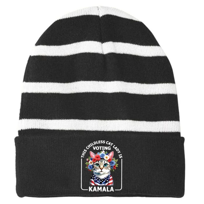 This Childless Cat Lady Ladies Is Voting Kamala Election 24 Striped Beanie with Solid Band