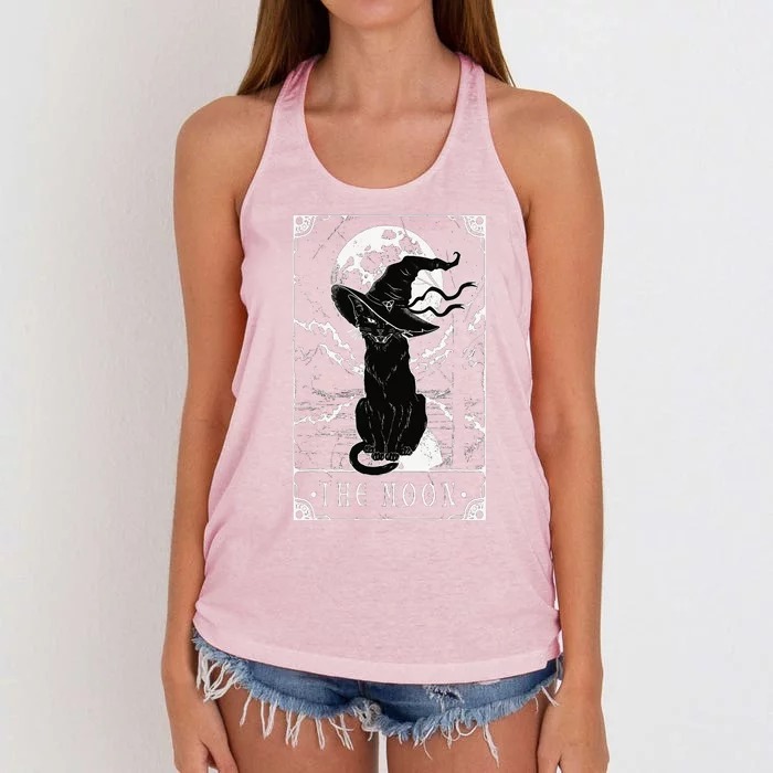 Tarot Card Crescent Moon And Black Cat Witch Hat Halloween Women's Knotted Racerback Tank