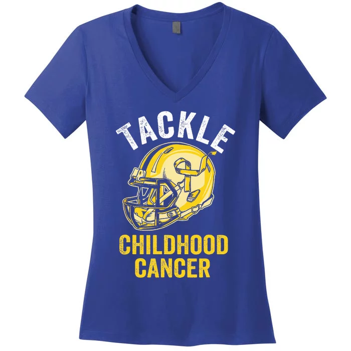 Tackle Childhood Cancer Awareness Football Gold Ribbon Women's V-Neck T-Shirt