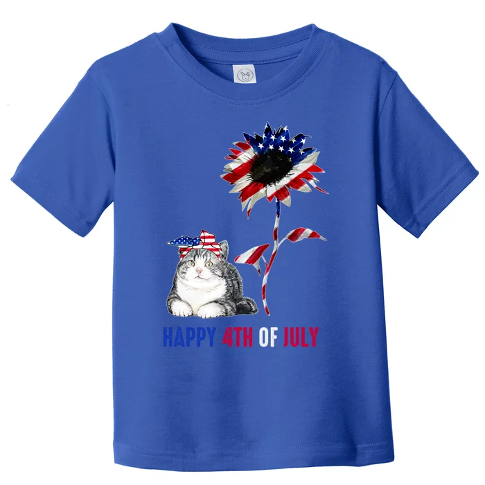 Tu Cute Cat Sunflower America Flag 4th Of July Cute Gift Toddler T-Shirt