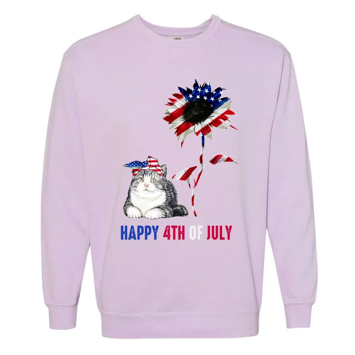 Tu Cute Cat Sunflower America Flag 4th Of July Cute Gift Garment-Dyed Sweatshirt