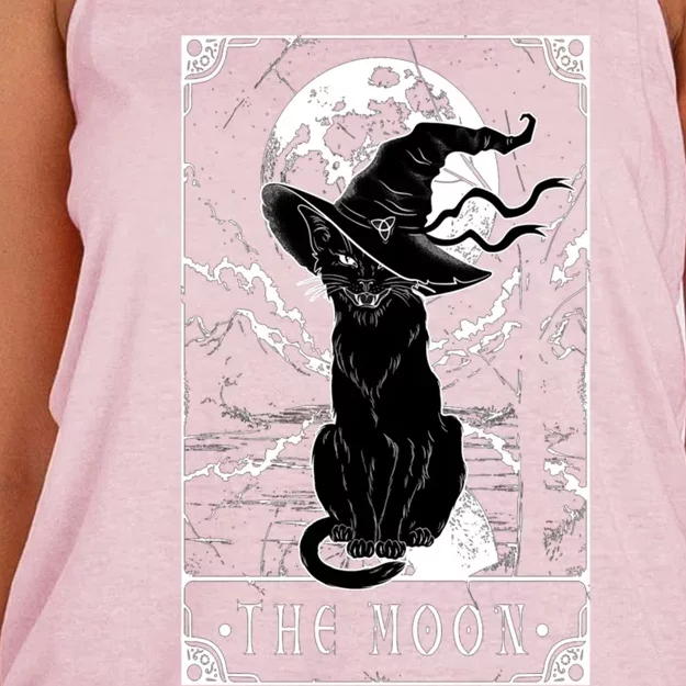 Tarot Card Crescent Moon And Black Cat Witch Hat Halloween Funny Gift Women's Knotted Racerback Tank