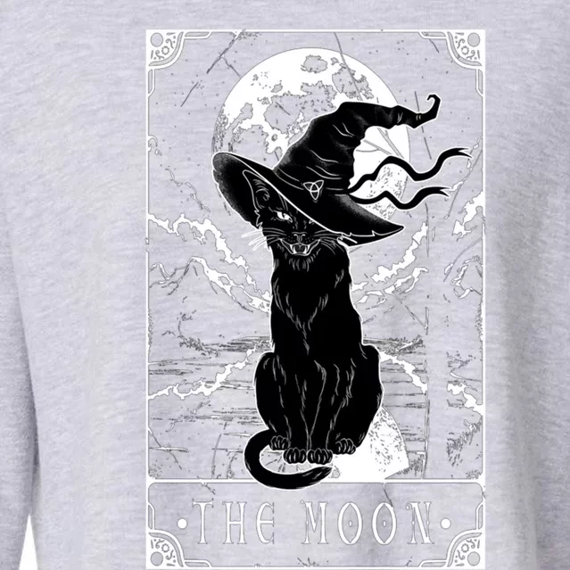 Tarot Card Crescent Moon And Black Cat Witch Hat Halloween Funny Gift Cropped Pullover Crew