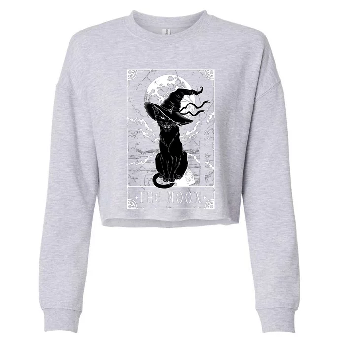 Tarot Card Crescent Moon And Black Cat Witch Hat Halloween Funny Gift Cropped Pullover Crew