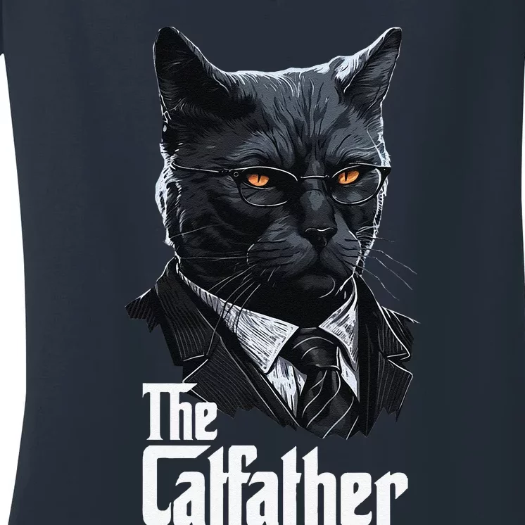 The Catfather Cat Dad Cat Lover Funny Black Cat Fathers Day Women's V-Neck T-Shirt