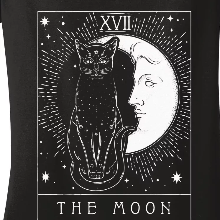 Tarot Card Crescent Moon And Cat Graphic Women's V-Neck T-Shirt