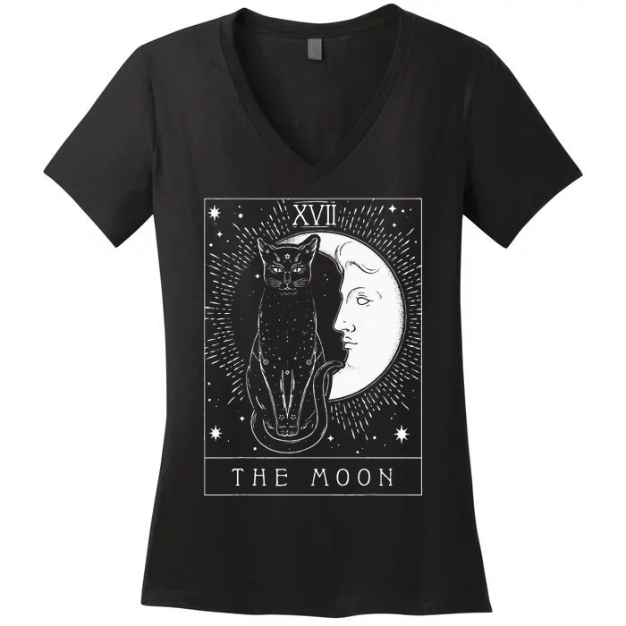 Tarot Card Crescent Moon And Cat Graphic Women's V-Neck T-Shirt