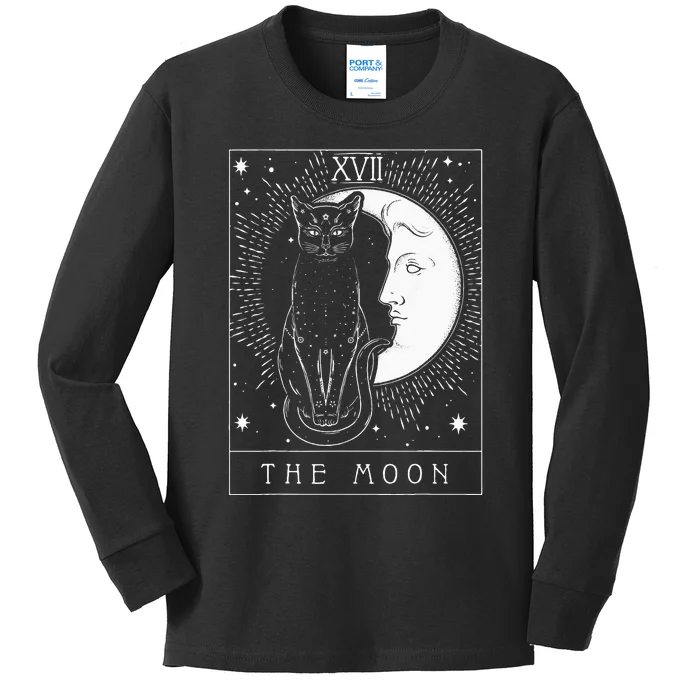 Tarot Card Crescent Moon And Cat Graphic Kids Long Sleeve Shirt