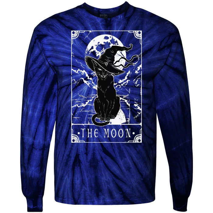 Tarot Card Crescent Moon And Black Cat Witch Hat Halloween Tie-Dye Long Sleeve Shirt