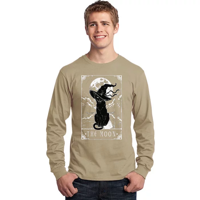 Tarot Card Crescent Moon And Black Cat Witch Hat Halloween Tall Long Sleeve T-Shirt