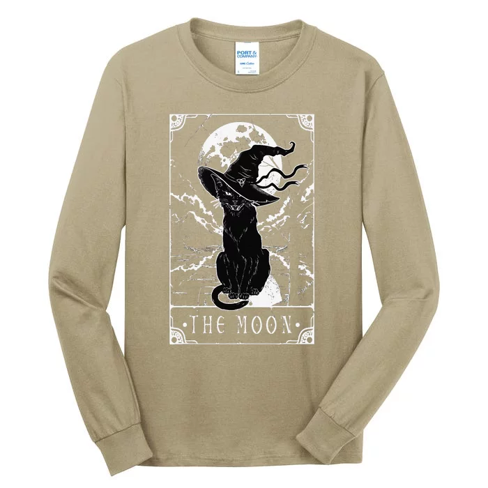 Tarot Card Crescent Moon And Black Cat Witch Hat Halloween Tall Long Sleeve T-Shirt