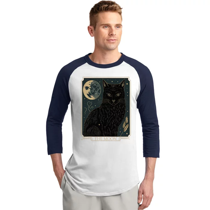 Tarot Card Crescent Moon And Cat Graphic Baseball Sleeve Shirt