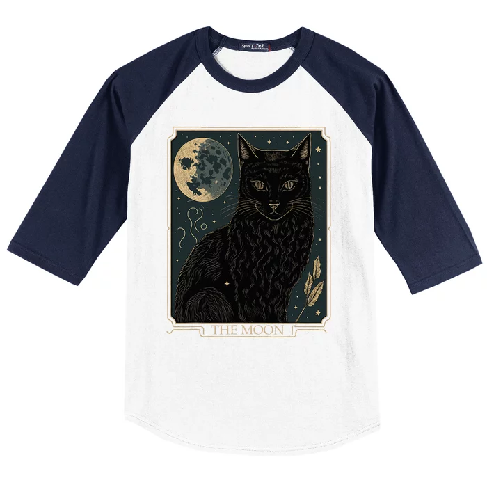 Tarot Card Crescent Moon And Cat Graphic Baseball Sleeve Shirt