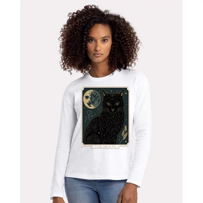 Tarot Card Crescent Moon And Cat Graphic Womens Cotton Relaxed Long Sleeve T-Shirt