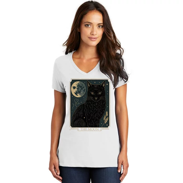 Tarot Card Crescent Moon And Cat Graphic Women's V-Neck T-Shirt