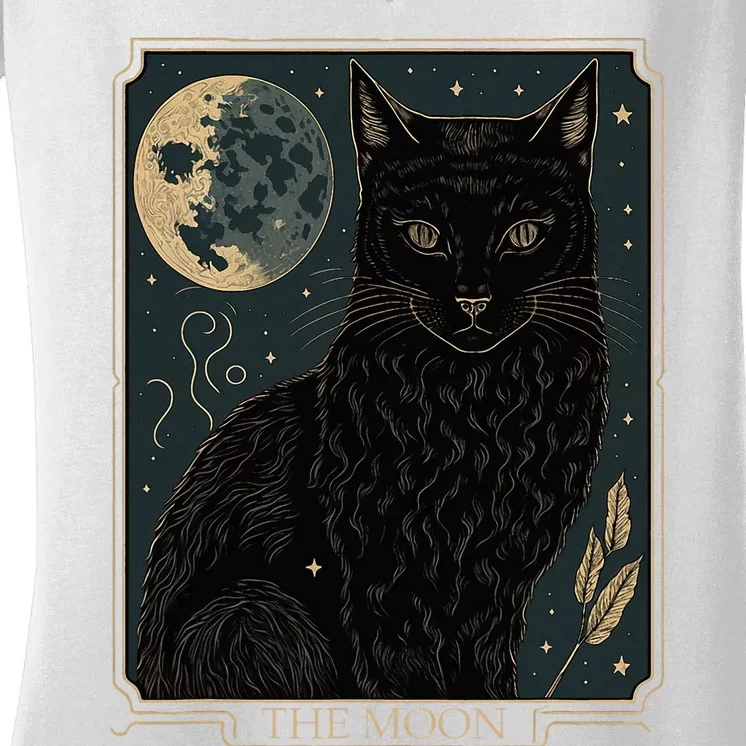 Tarot Card Crescent Moon And Cat Graphic Women's V-Neck T-Shirt