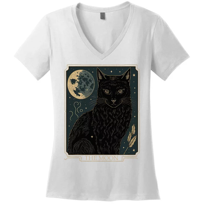 Tarot Card Crescent Moon And Cat Graphic Women's V-Neck T-Shirt