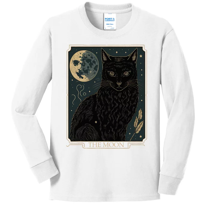 Tarot Card Crescent Moon And Cat Graphic Kids Long Sleeve Shirt