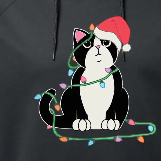 Tuxedo Cat Christmas Lights Funny Cat Lover Xmas Hat Performance Fleece Hoodie