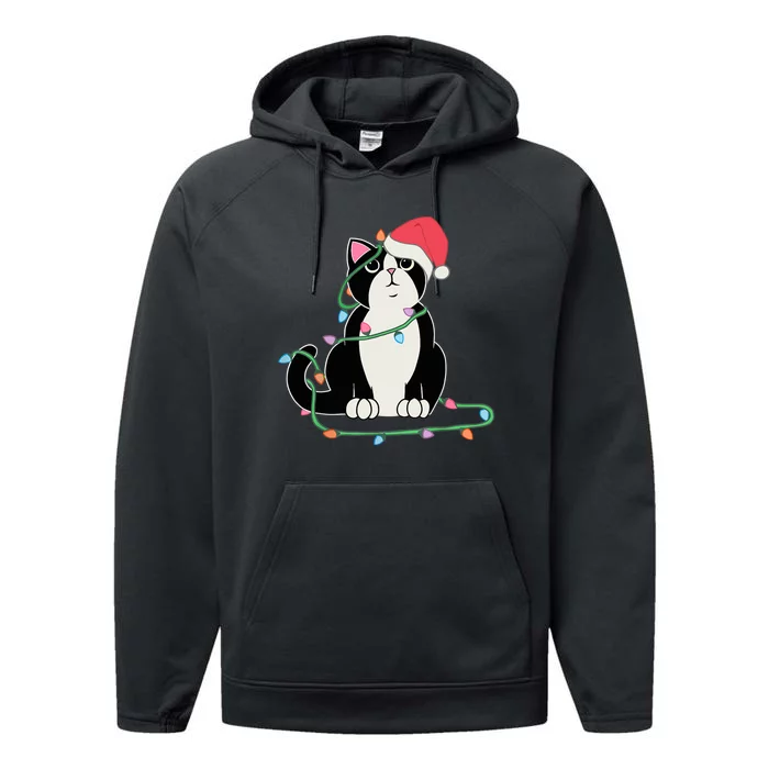 Tuxedo Cat Christmas Lights Funny Cat Lover Xmas Hat Performance Fleece Hoodie