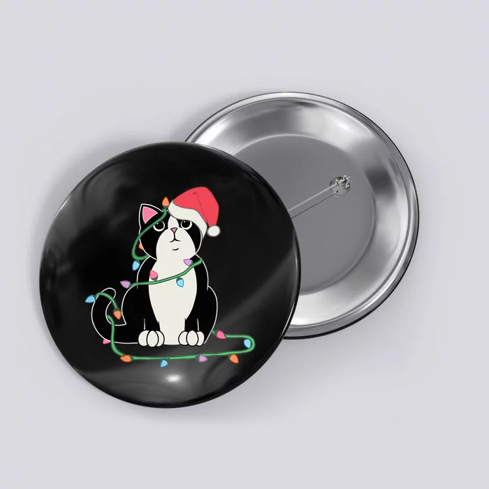 Tuxedo Cat Christmas Lights Funny Cat Lover Xmas Hat Button