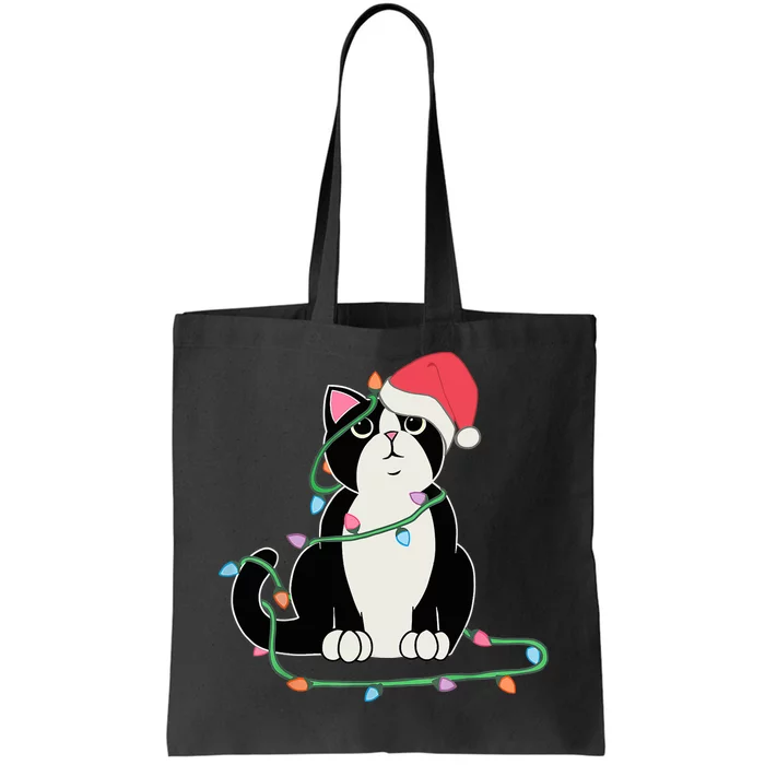 Tuxedo Cat Christmas Lights Funny Cat Lover Xmas Hat Tote Bag