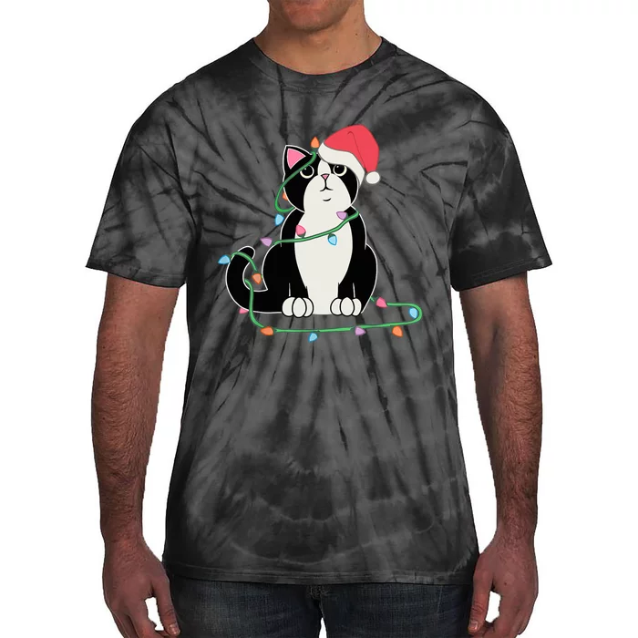 Tuxedo Cat Christmas Lights Funny Cat Lover Xmas Hat Tie-Dye T-Shirt