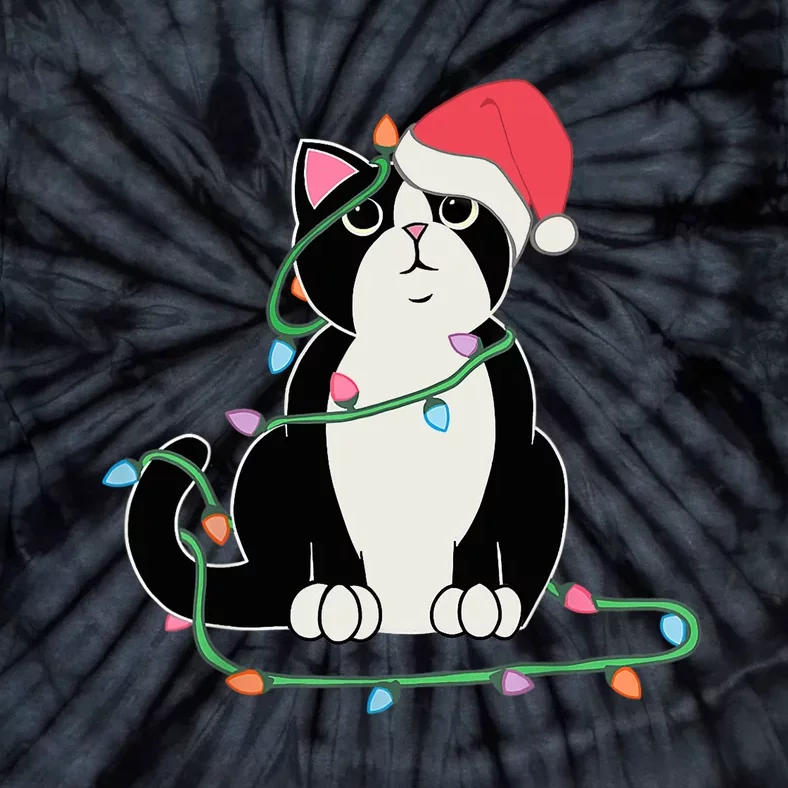 Tuxedo Cat Christmas Lights Funny Cat Lover Xmas Hat Tie-Dye T-Shirt