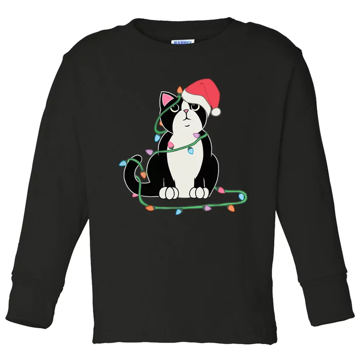 Tuxedo Cat Christmas Lights Funny Cat Lover Xmas Hat Toddler Long Sleeve Shirt