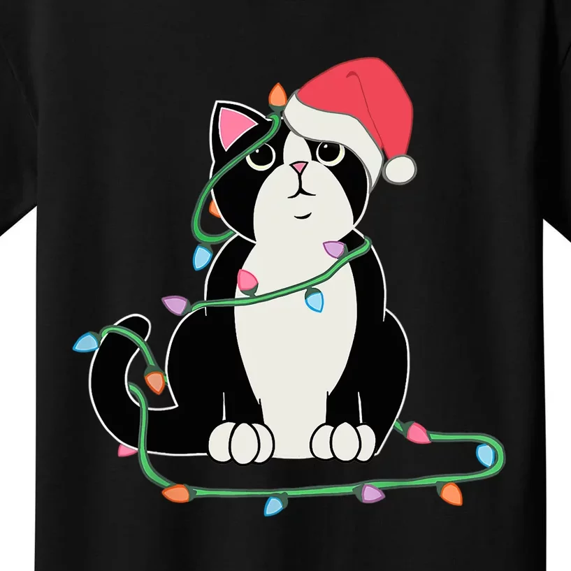 Tuxedo Cat Christmas Lights Funny Cat Lover Xmas Hat Kids T-Shirt